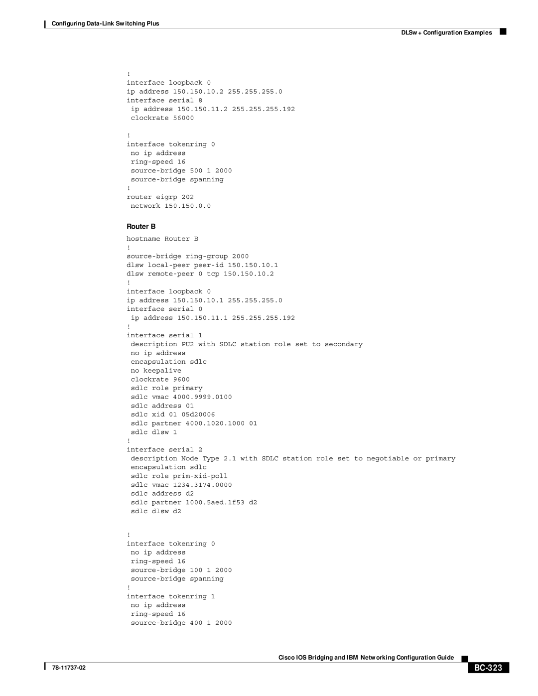 Cisco Systems BC-281 manual BC-323, Sdlc partner 1000.5aed.1f53 d2 sdlc dlsw d2 