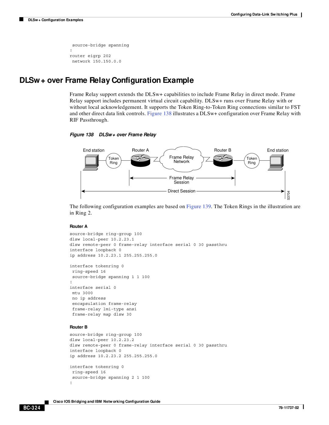 Cisco Systems BC-281 manual DLSw+ over Frame Relay Configuration Example, Ring, BC-324 