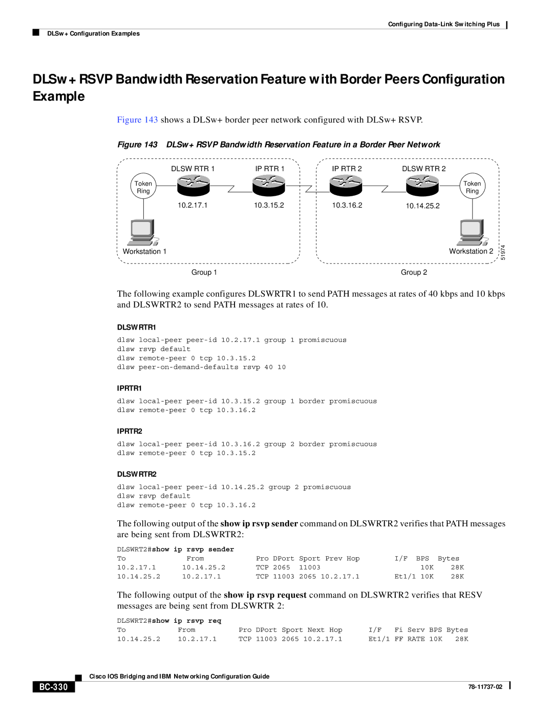 Cisco Systems BC-281 manual Shows a DLSw+ border peer network configured with DLSw+ Rsvp, BC-330 