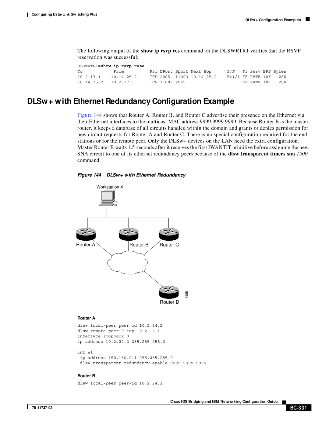 Cisco Systems BC-281 manual DLSw+ with Ethernet Redundancy Configuration Example, BC-331 