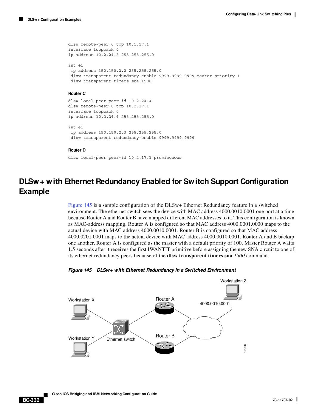 Cisco Systems BC-281 manual BC-332, DLSw+ with Ethernet Redundancy in a Switched Environment 