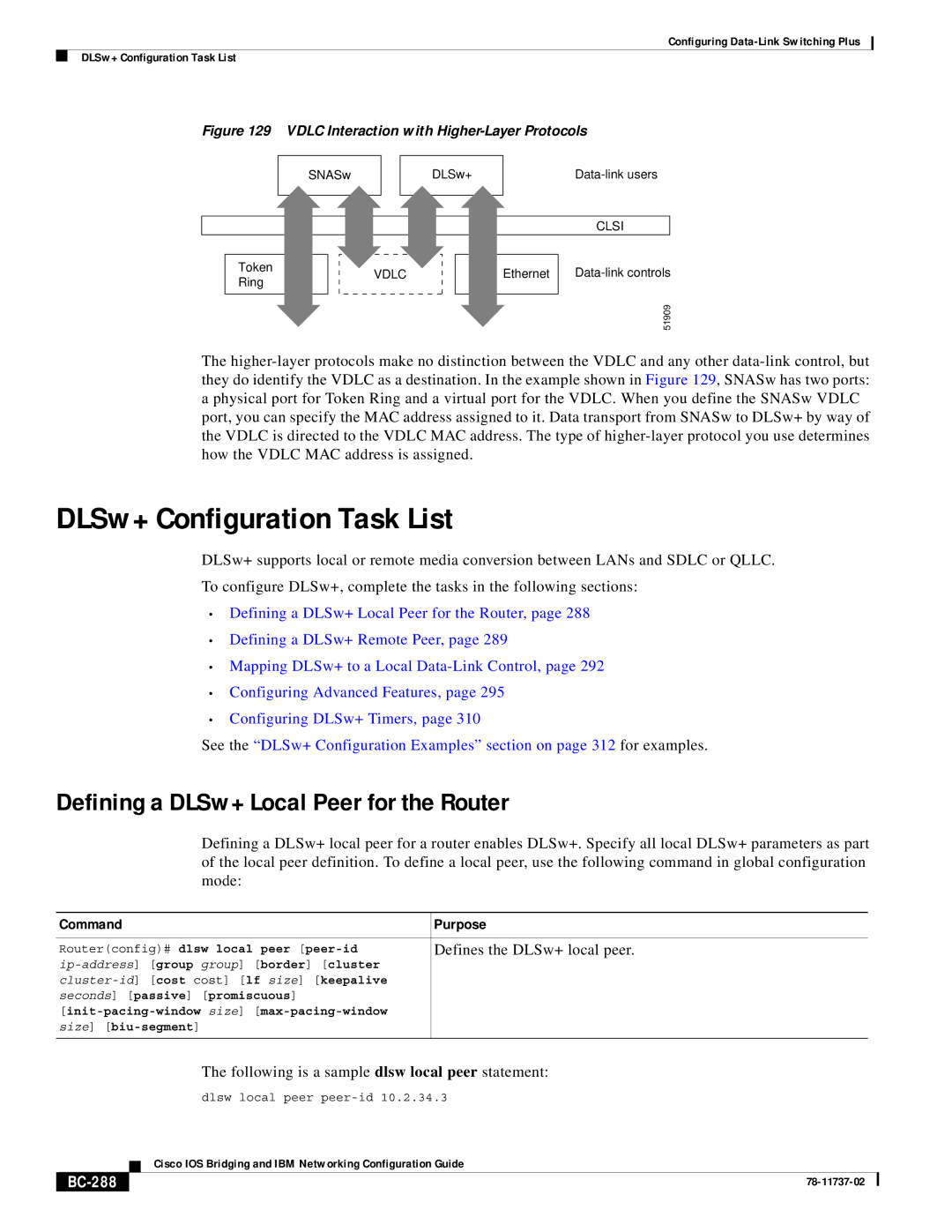 Cisco Systems BC-281 Defining a DLSw+ Local Peer for the Router, Command Purpose, Defines the DLSw+ local peer, BC-288 