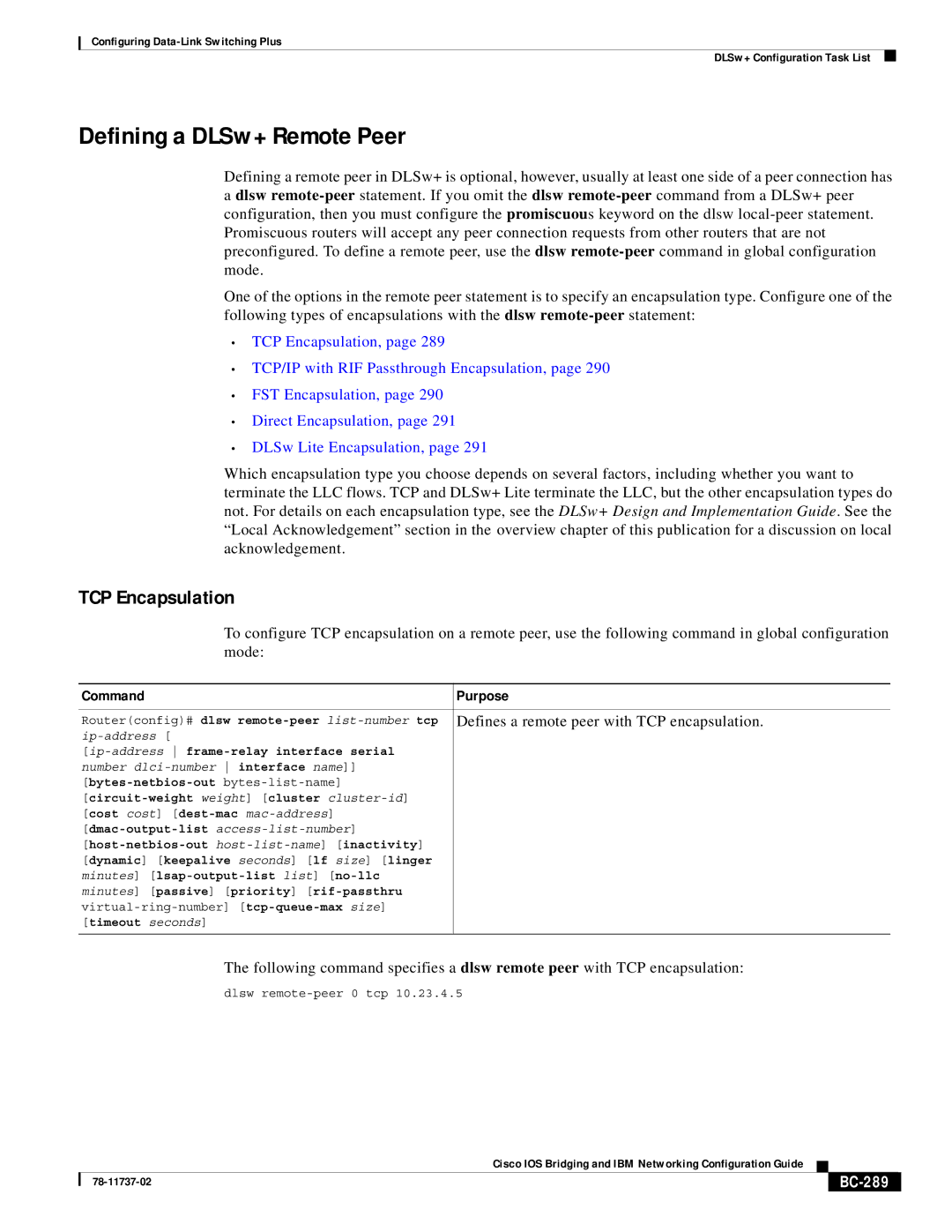 Cisco Systems BC-281 manual Defining a DLSw+ Remote Peer, TCP Encapsulation, BC-289 