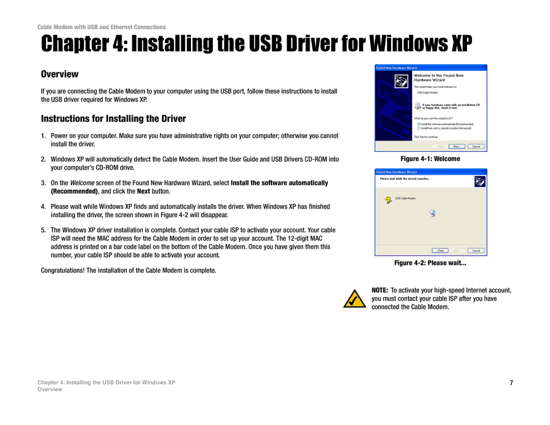 Cisco Systems BEFCMU10 manual Installing the USB Driver for Windows XP, Instructions for Installing the Driver 