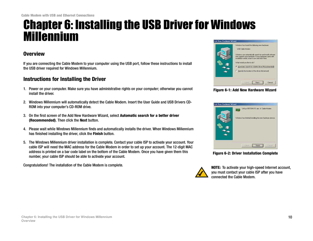 Cisco Systems BEFCMU10 manual Installing the USB Driver for Windows Millennium, Add New Hardware Wizard 