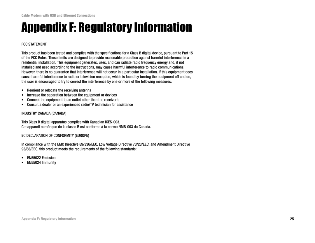 Cisco Systems BEFCMU10 manual Appendix F Regulatory Information, FCC Statement 