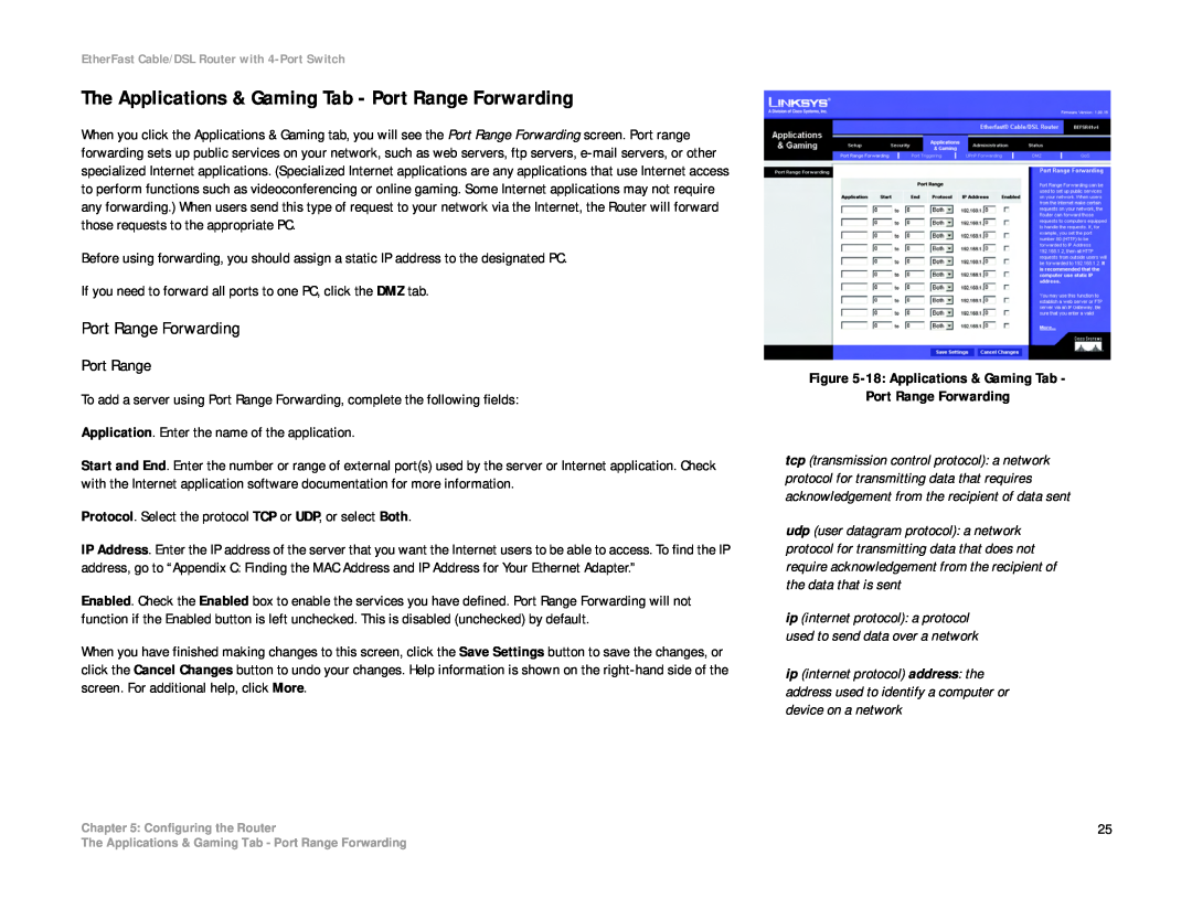 Cisco Systems BEFSR41 manual The Applications & Gaming Tab - Port Range Forwarding 