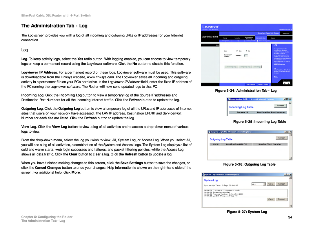 Cisco Systems BEFSR41 manual The Administration Tab - Log 