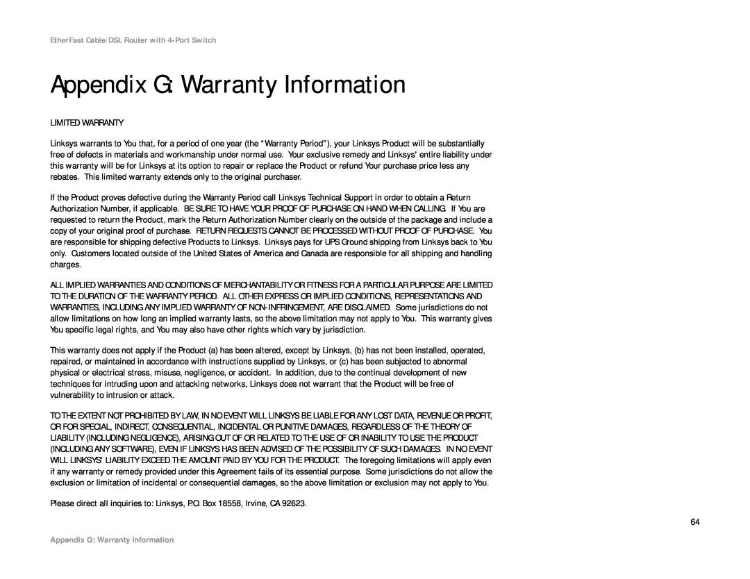 Cisco Systems BEFSR41 manual Appendix G Warranty Information 