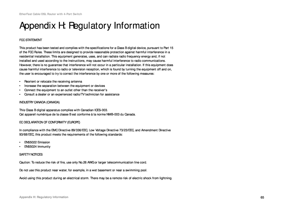 Cisco Systems BEFSR41 manual Appendix H Regulatory Information 
