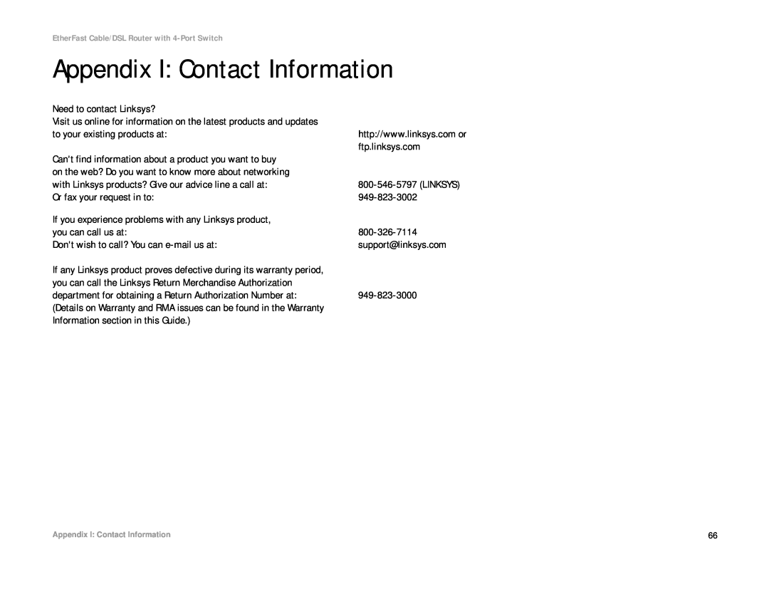 Cisco Systems BEFSR41 manual Appendix I Contact Information 