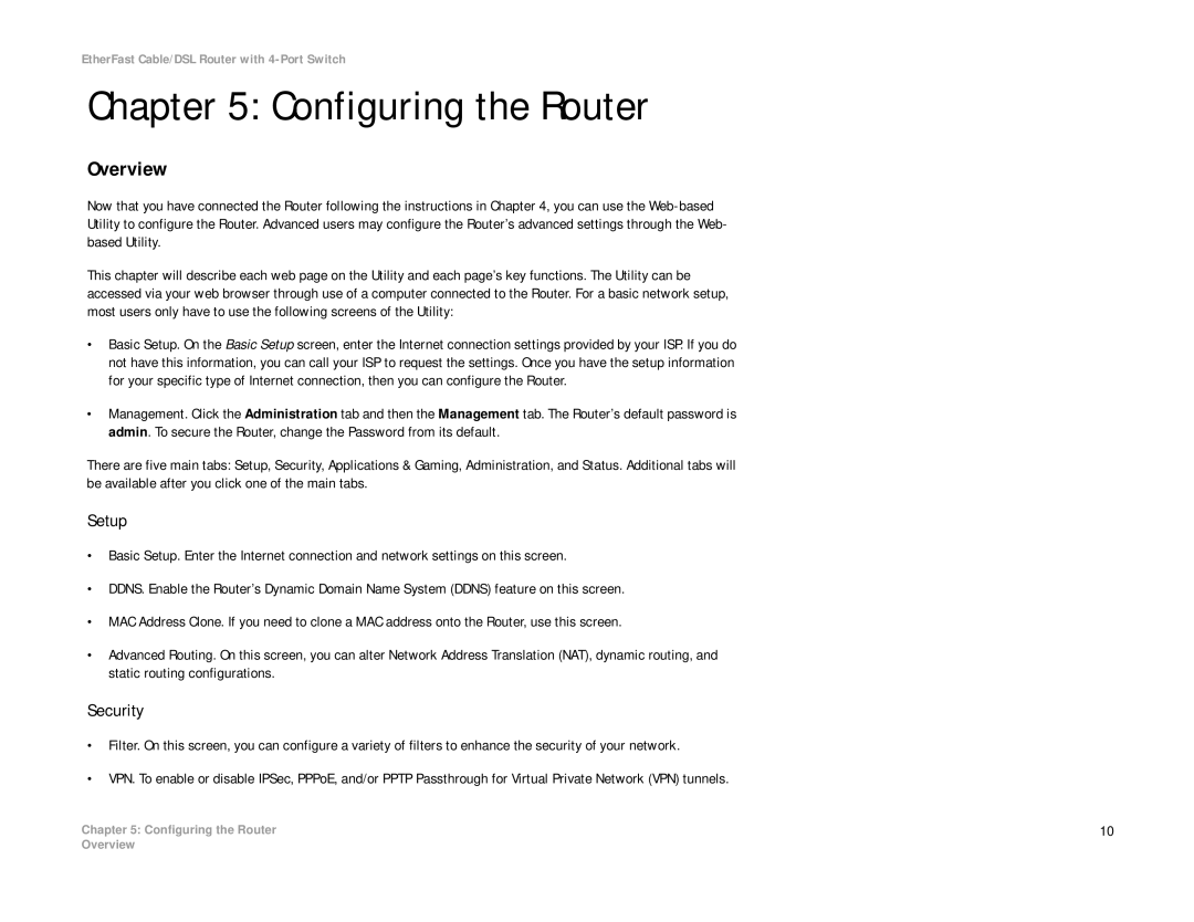 Cisco Systems BEFSR41 manual Configuring the Router, Setup, Security 