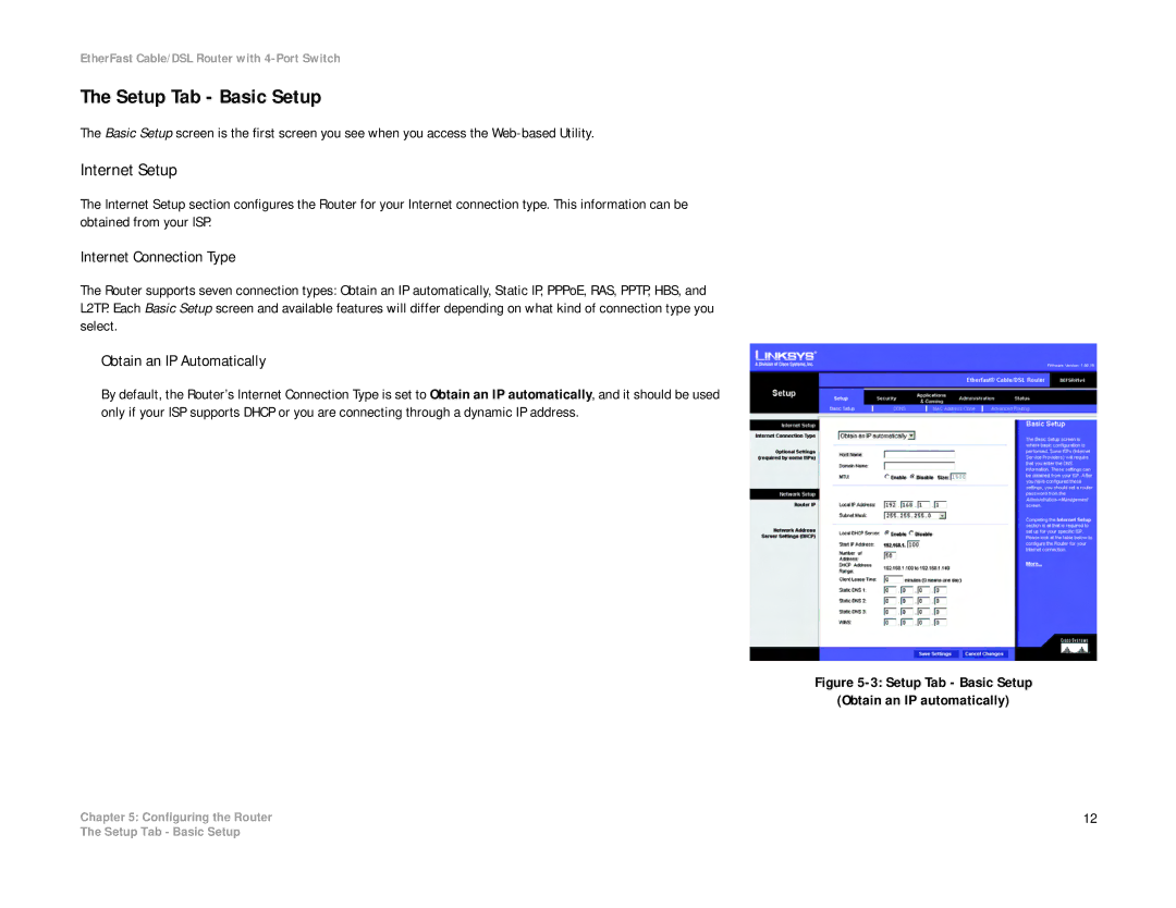 Cisco Systems BEFSR41 manual Setup Tab Basic Setup, Internet Setup, Internet Connection Type, Obtain an IP Automatically 