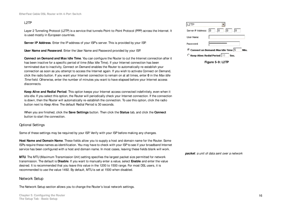 Cisco Systems BEFSR41 manual Network Setup, Optional Settings, Packet a unit of data sent over a network 