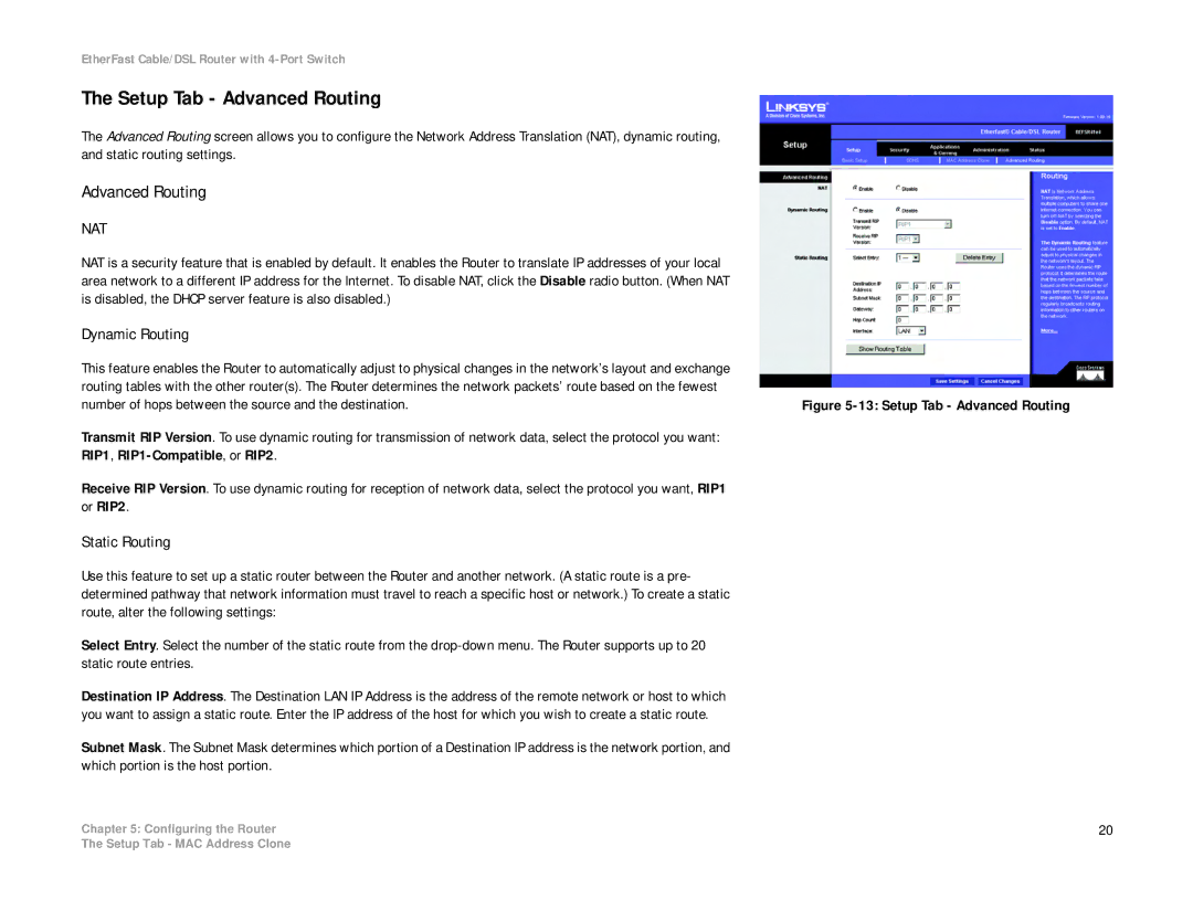 Cisco Systems BEFSR41 manual Setup Tab Advanced Routing, Dynamic Routing, Static Routing 