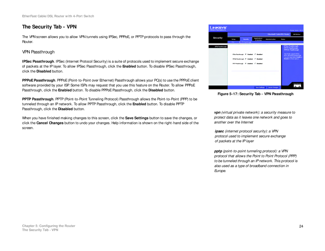 Cisco Systems BEFSR41 manual Security Tab VPN, VPN Passthrough 