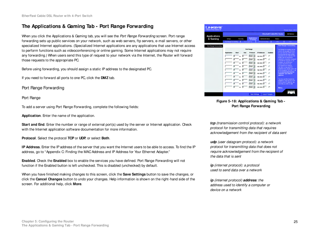 Cisco Systems BEFSR41 manual Applications & Gaming Tab Port Range Forwarding 