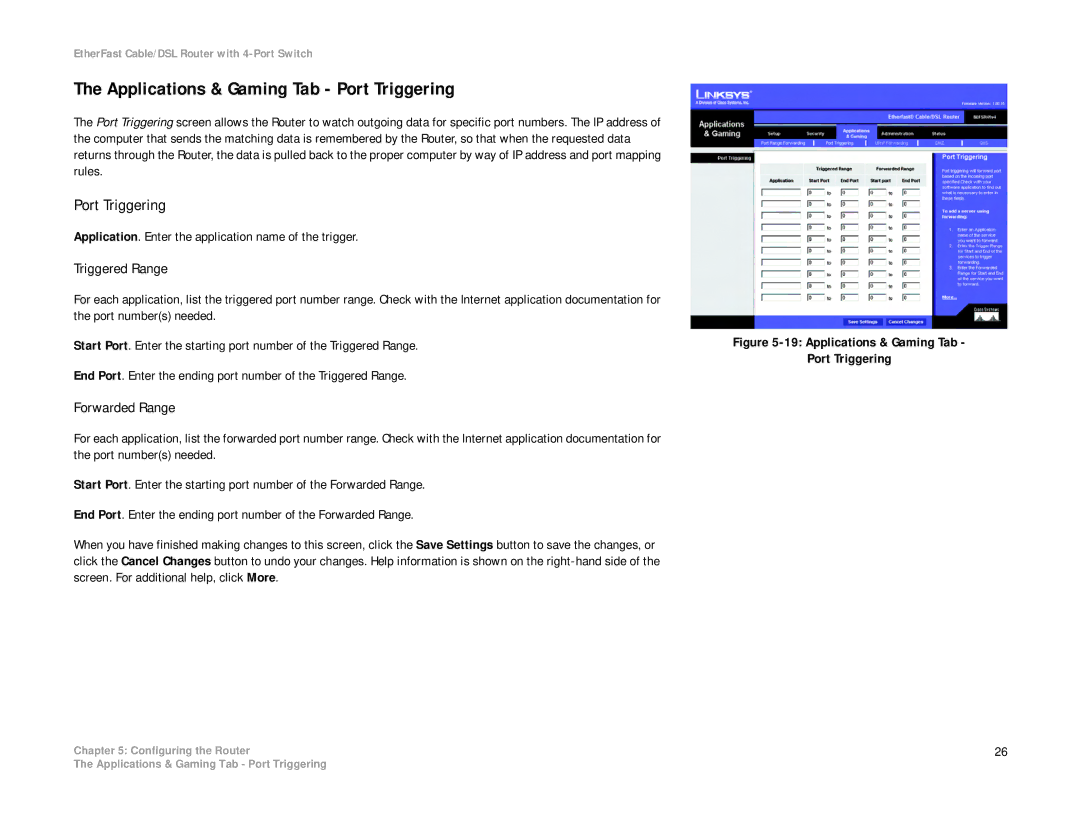 Cisco Systems BEFSR41 manual Applications & Gaming Tab Port Triggering, Triggered Range, Forwarded Range 