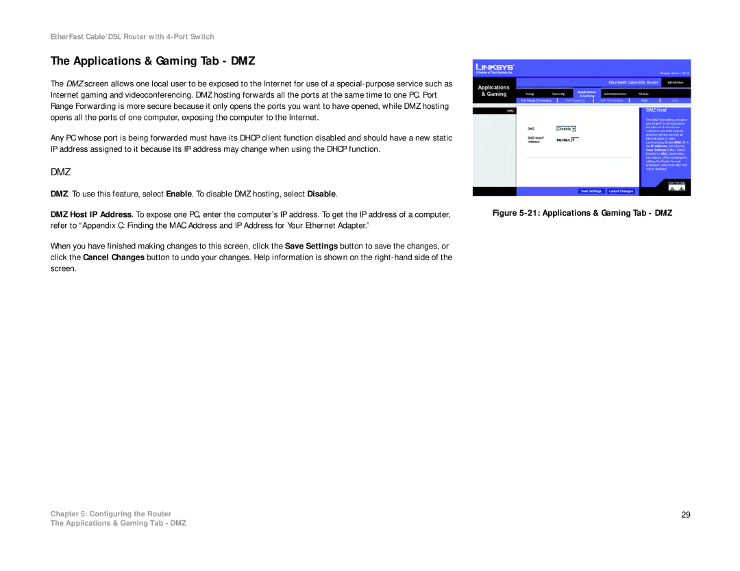 Cisco Systems BEFSR41 manual Applications & Gaming Tab DMZ, Dmz 