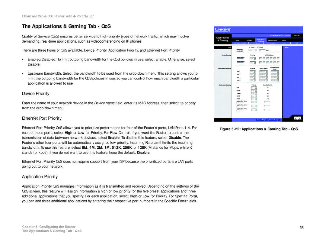 Cisco Systems BEFSR41 manual Applications & Gaming Tab QoS, Device Priority, Ethernet Port Priority, Application Priority 