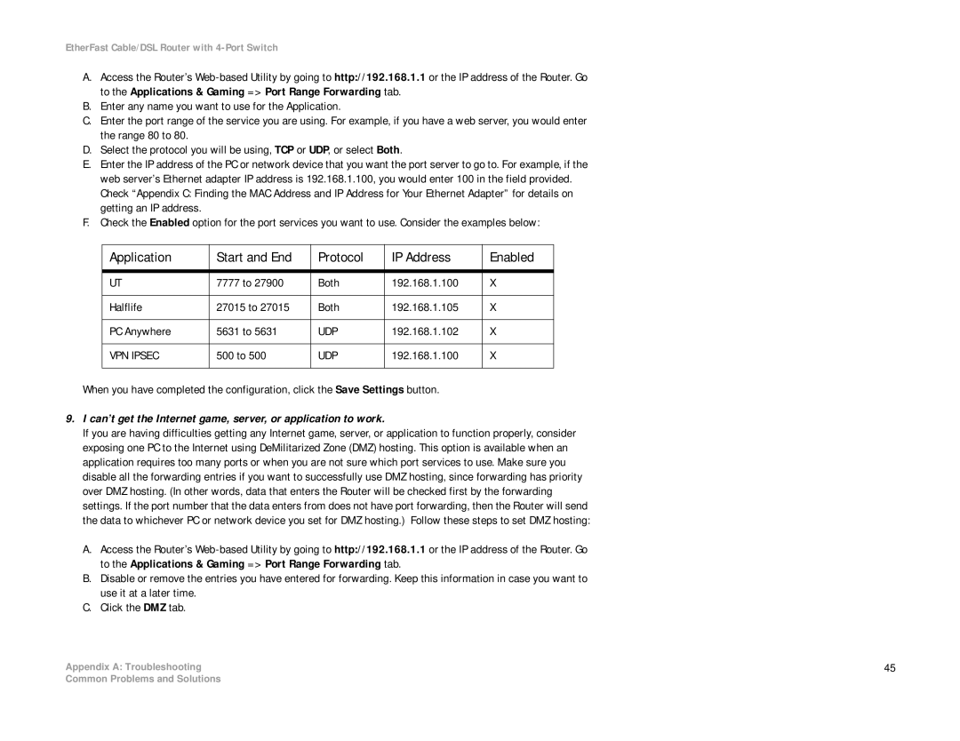 Cisco Systems BEFSR41 manual Can’t get the Internet game, server, or application to work 