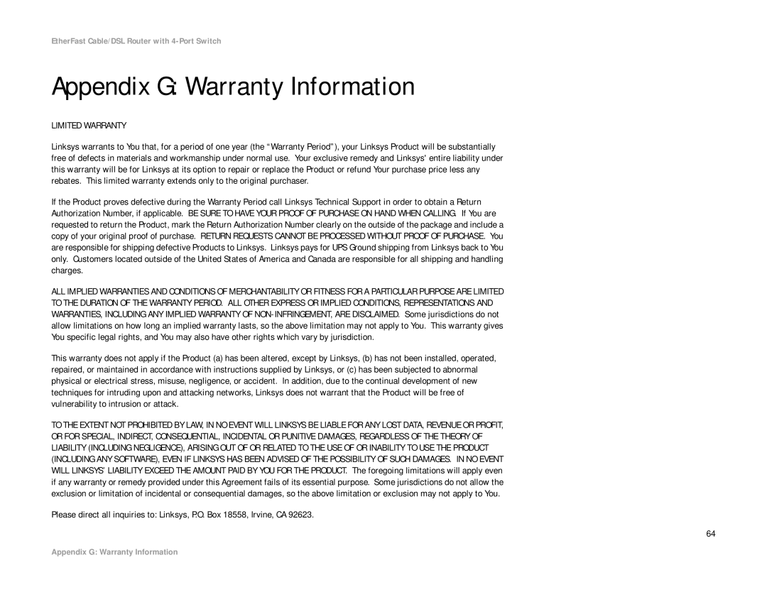 Cisco Systems BEFSR41 manual Appendix G Warranty Information, Limited Warranty 