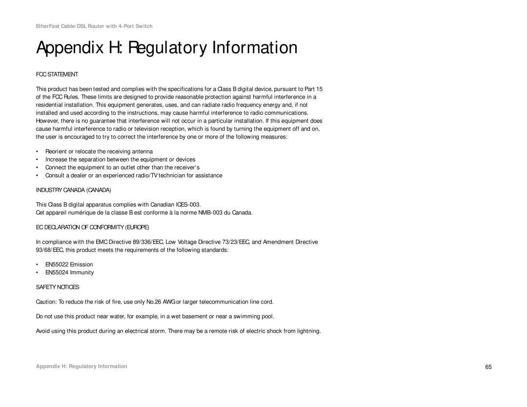 Cisco Systems BEFSR41 manual Appendix H Regulatory Information, FCC Statement 