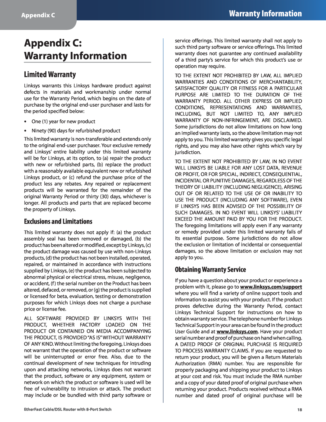 Cisco Systems BEFSR81 manual Appendix C Warranty Information, Limited Warranty, Exclusions and Limitations 