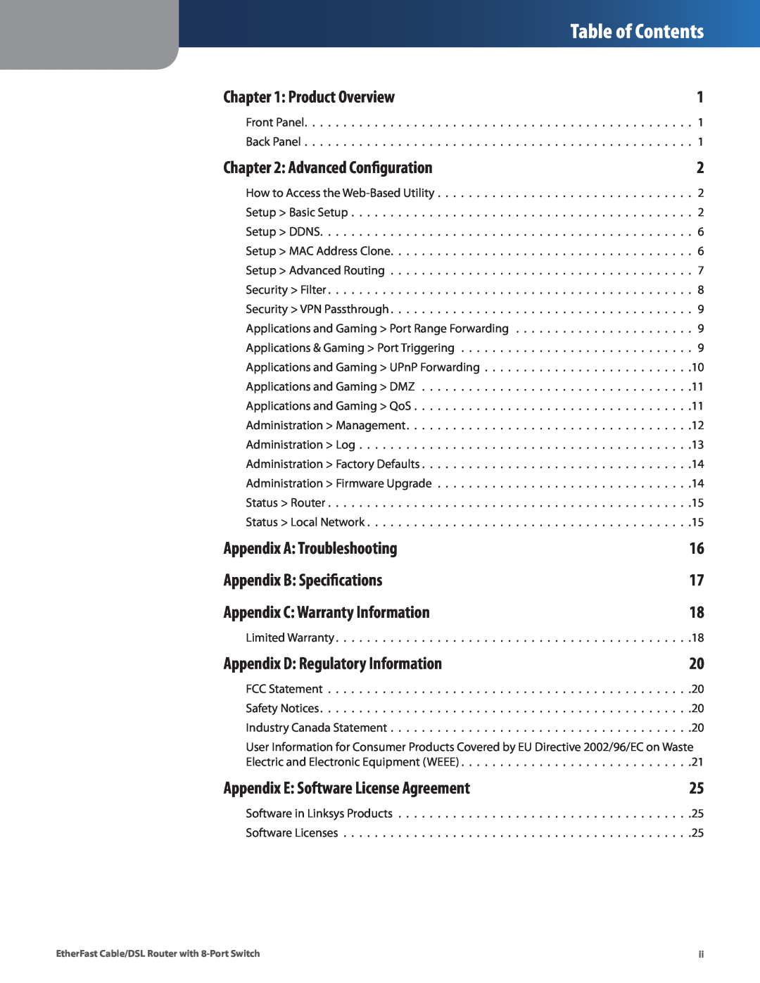 Cisco Systems BEFSR81 manual Table of Contents, Product Overview, Advanced Configuration, Appendix A Troubleshooting 