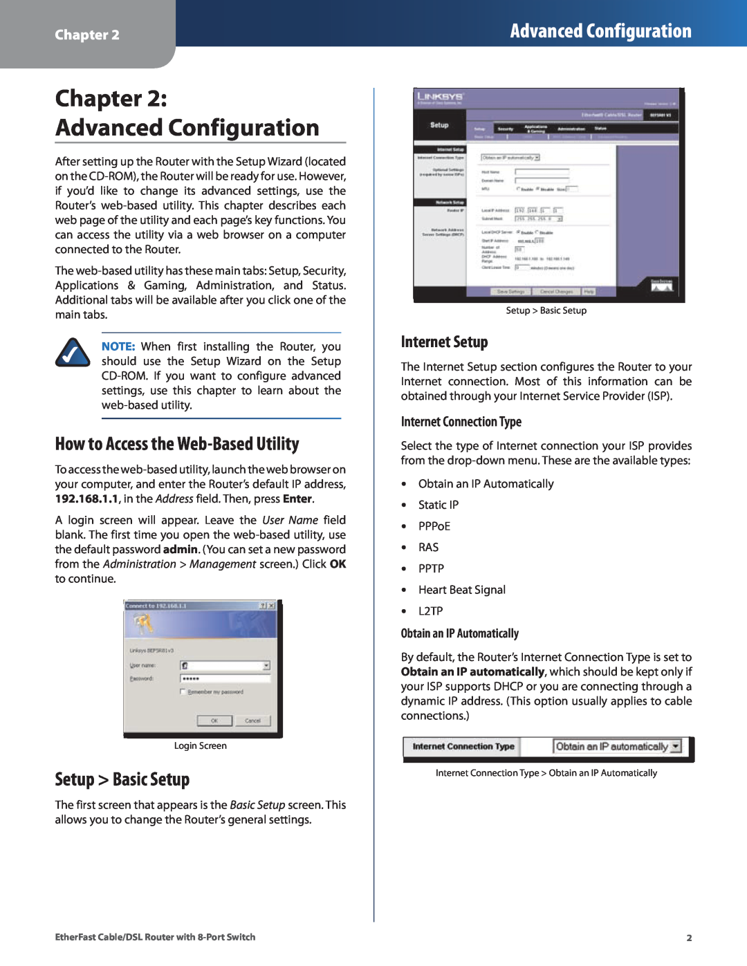 Cisco Systems BEFSR81 manual Chapter Advanced Configuration, How to Access the Web-Based Utility, Setup Basic Setup 