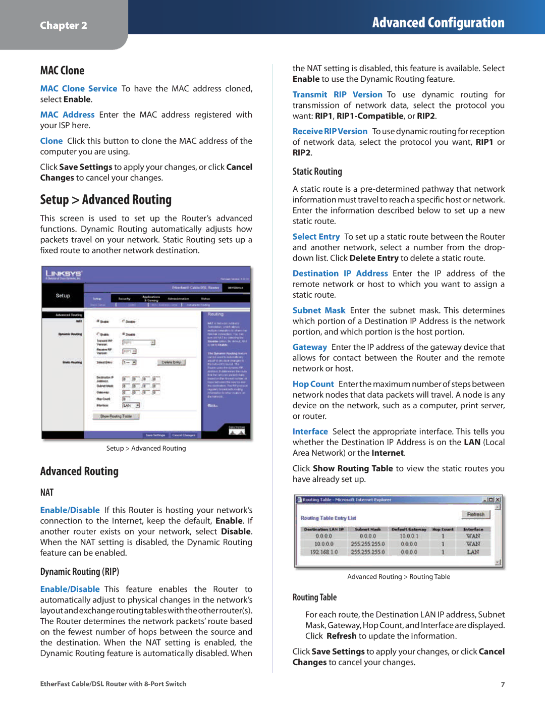 Cisco Systems BEFSR81 manual Setup Advanced Routing, MAC Clone, Dynamic Routing RIP, Static Routing 