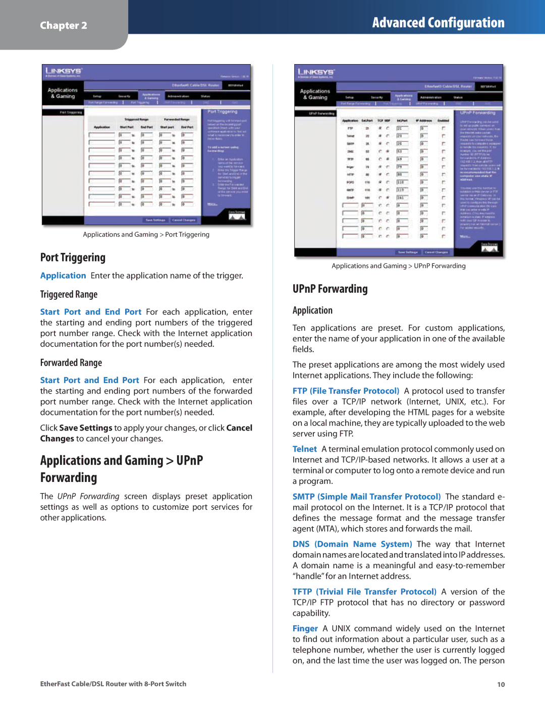 Cisco Systems BEFSR81 manual Port Triggering, UPnP Forwarding, Triggered Range, Forwarded Range, Application 