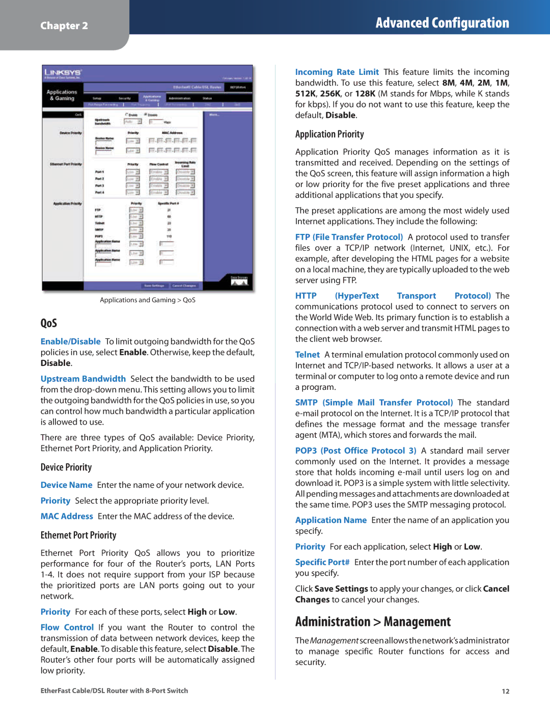 Cisco Systems BEFSR81 manual Administration Management, QoS, Device Priority, Ethernet Port Priority, Application Priority 