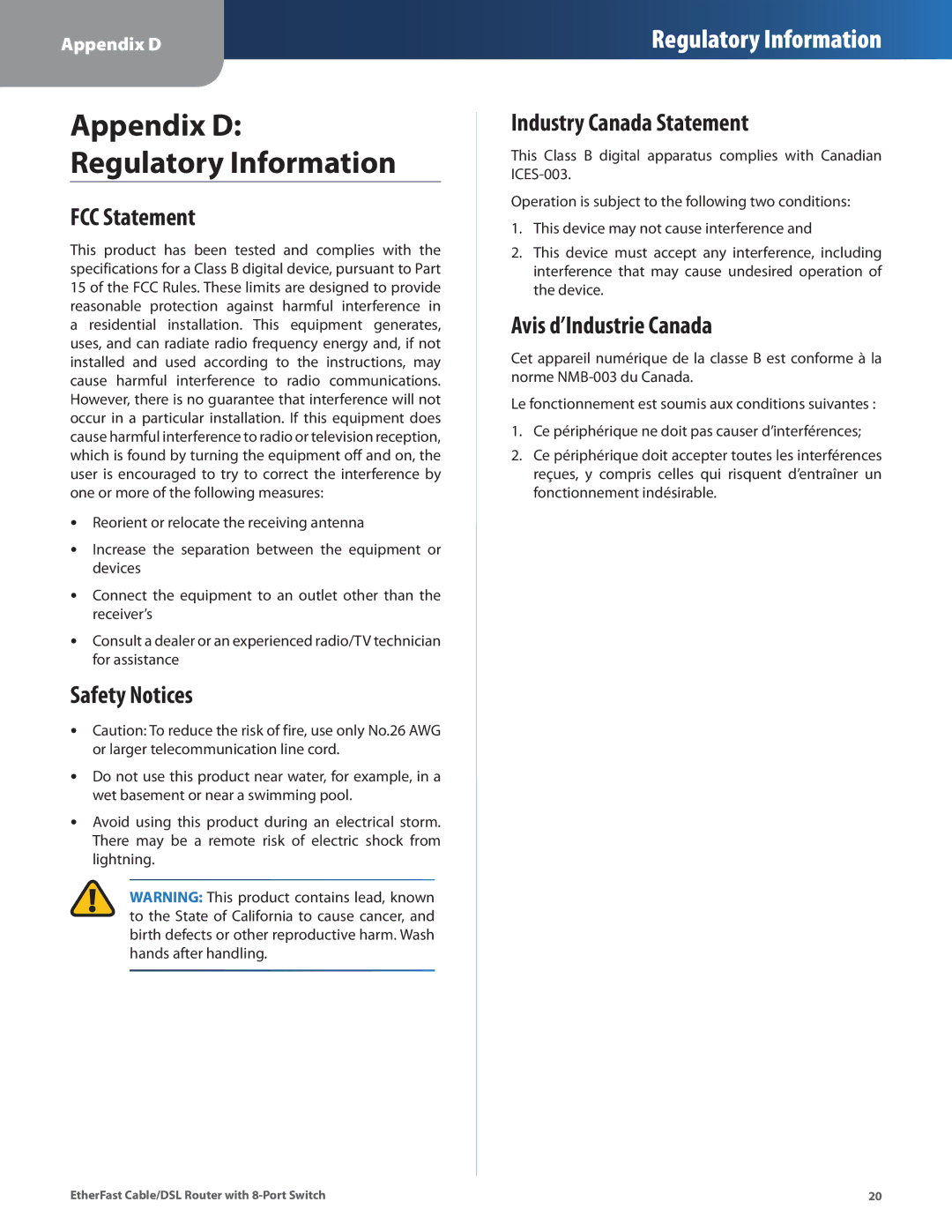 Cisco Systems BEFSR81 manual FCC Statement, Safety Notices, Industry Canada Statement, Avis d’Industrie Canada 