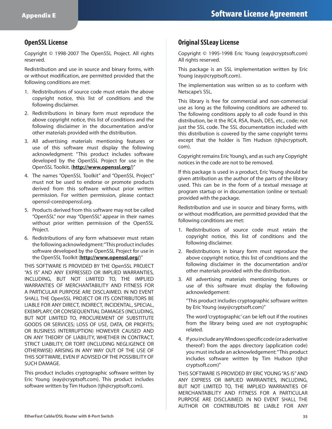 Cisco Systems BEFSR81 manual OpenSSL License, Original SSLeay License 