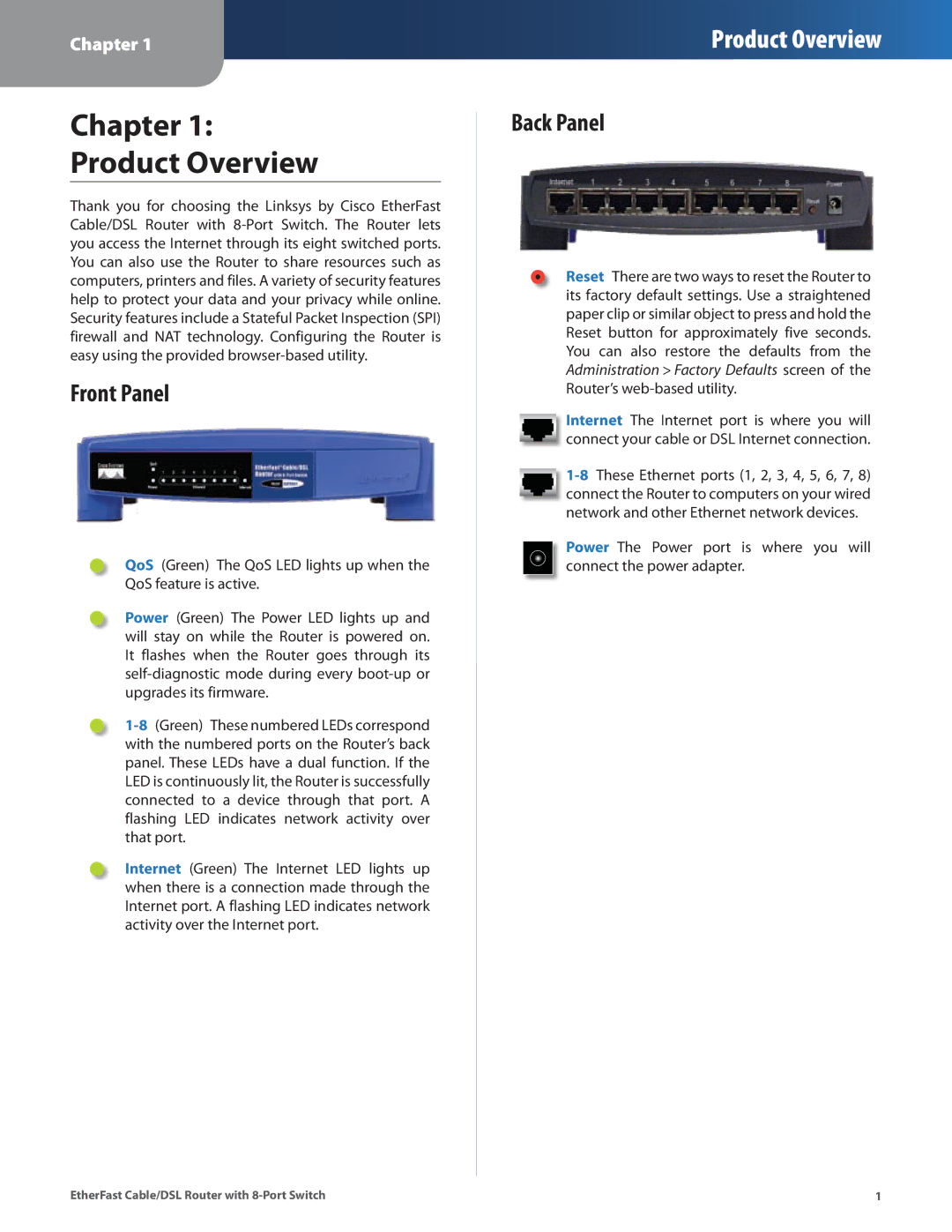 Cisco Systems BEFSR81 manual Front Panel, Back Panel 