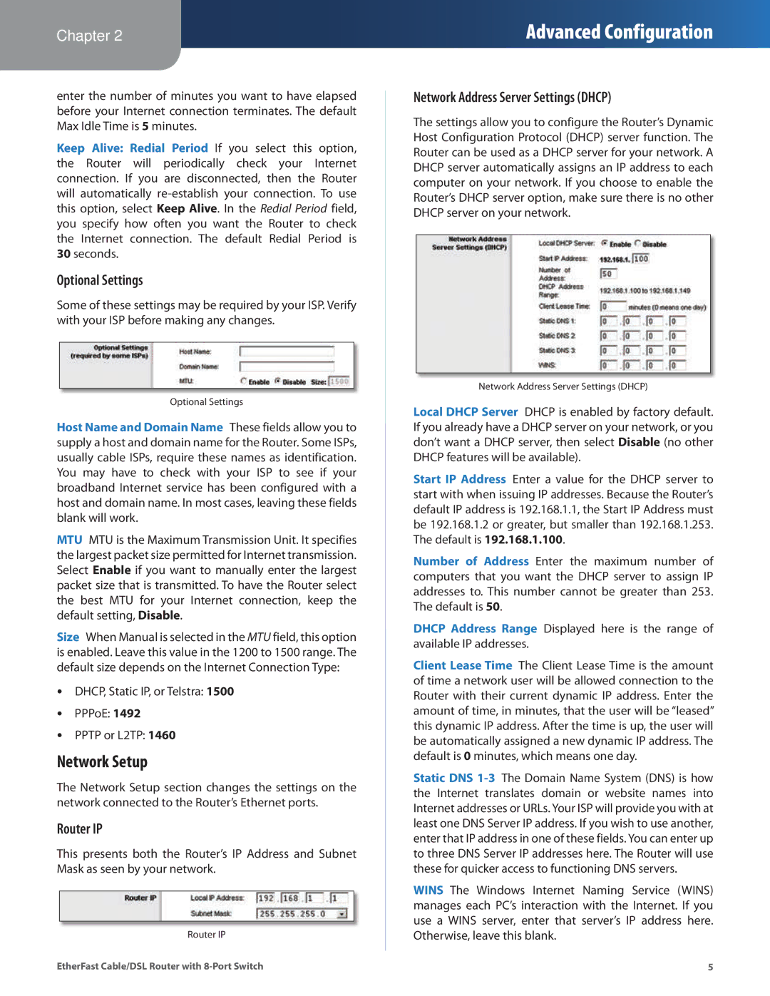 Cisco Systems BEFSR81 manual Network Setup, Optional Settings, Router IP, Network Address Server Settings Dhcp 