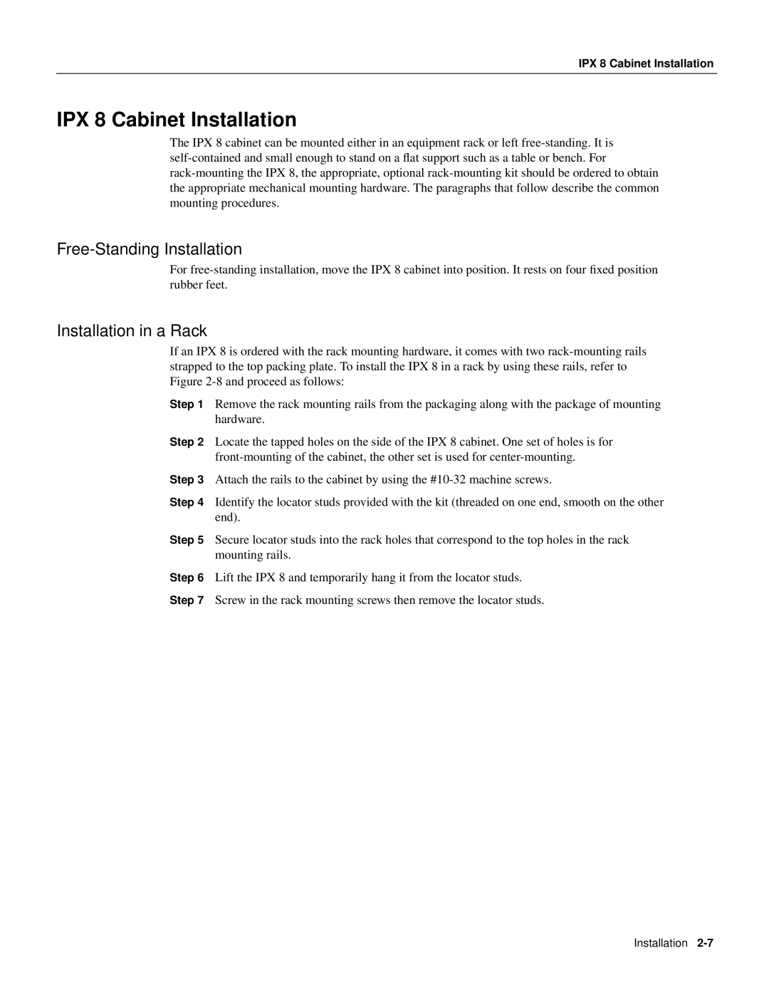 Cisco Systems BPX 8600 Series manual IPX 8 Cabinet Installation, Free-Standing Installation, Installation in a Rack 