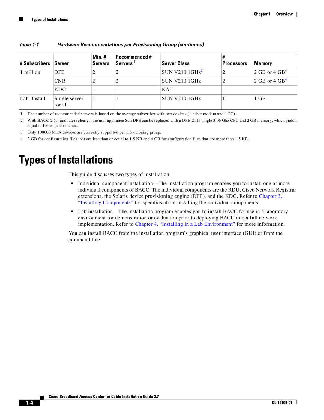 Cisco Systems Broadband Access Center Types of Installations, Recommended #, Min. #, Servers, Server Class, Processors 