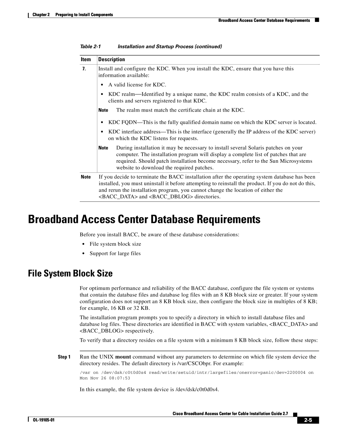 Cisco Systems manual Broadband Access Center Database Requirements, File System Block Size, Item Description 