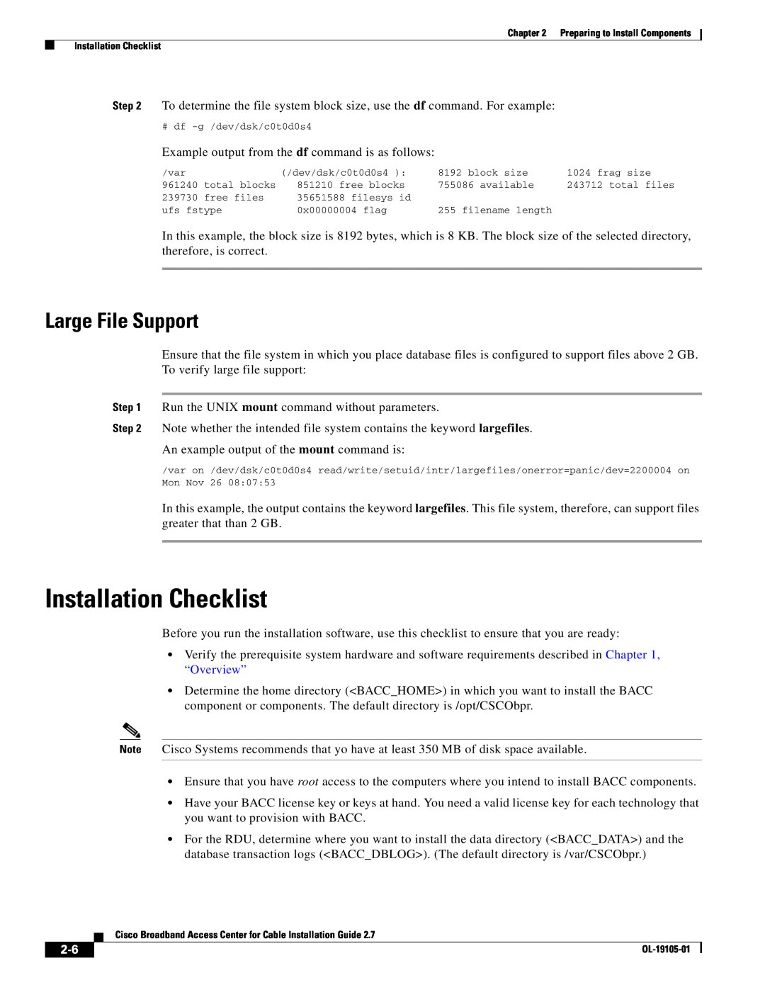 Cisco Systems Broadband Access Center manual Installation Checklist, Large File Support 