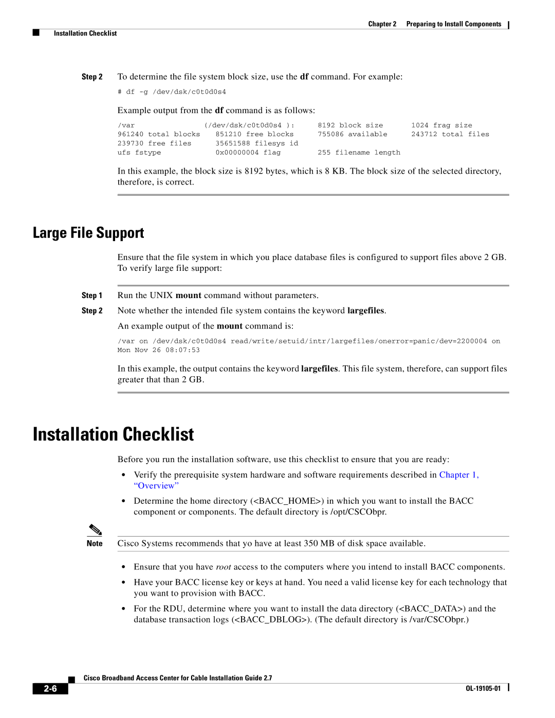 Cisco Systems Broadband Access Center manual Installation Checklist, Large File Support 