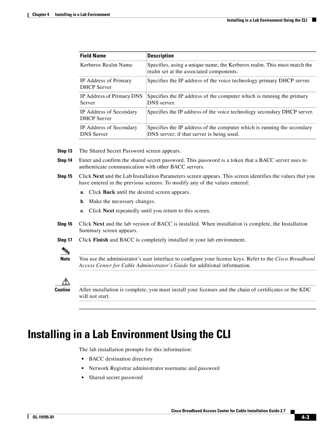 Cisco Systems Broadband Access Center manual Installing in a Lab Environment Using the CLI, Field Name Description 