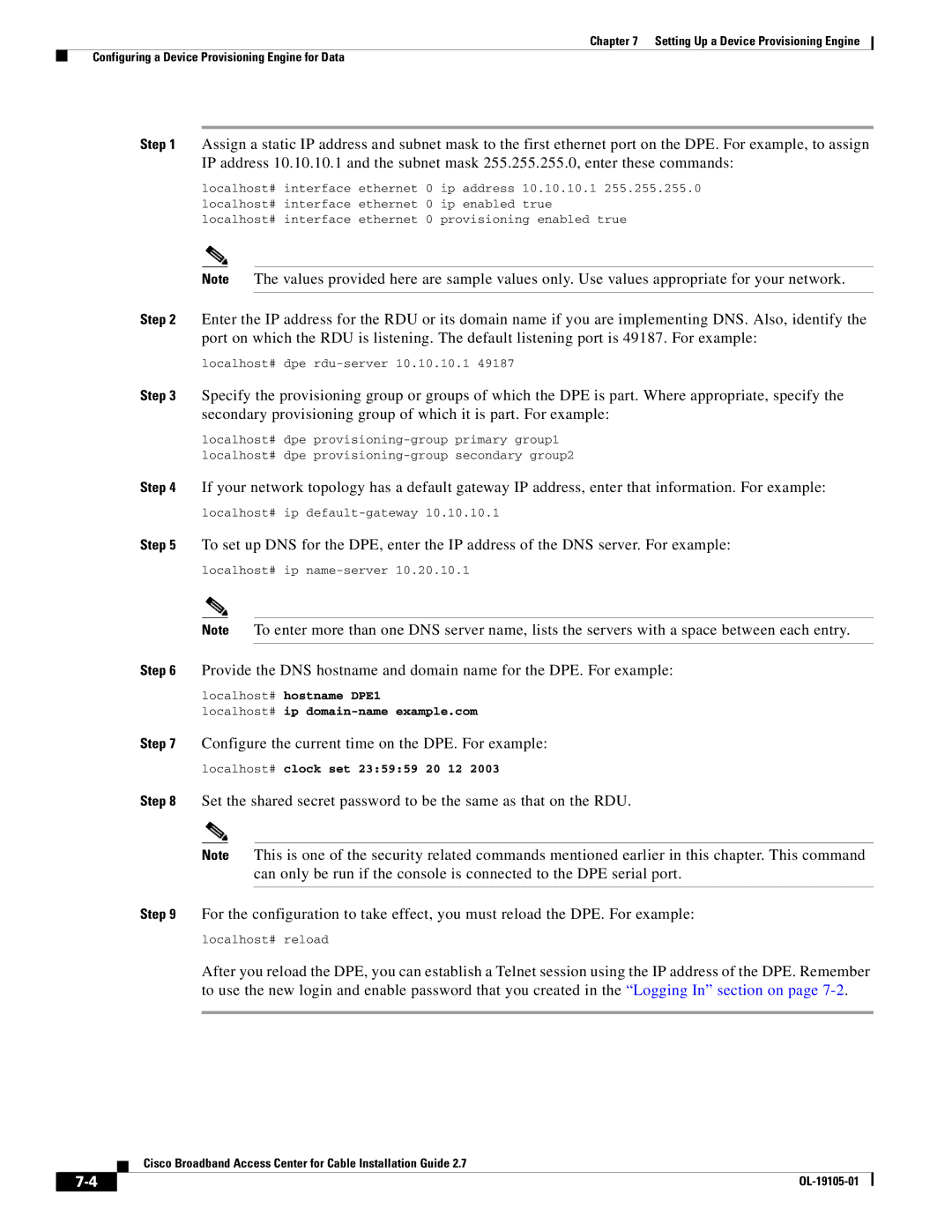 Cisco Systems Broadband Access Center manual Configure the current time on the DPE. For example 