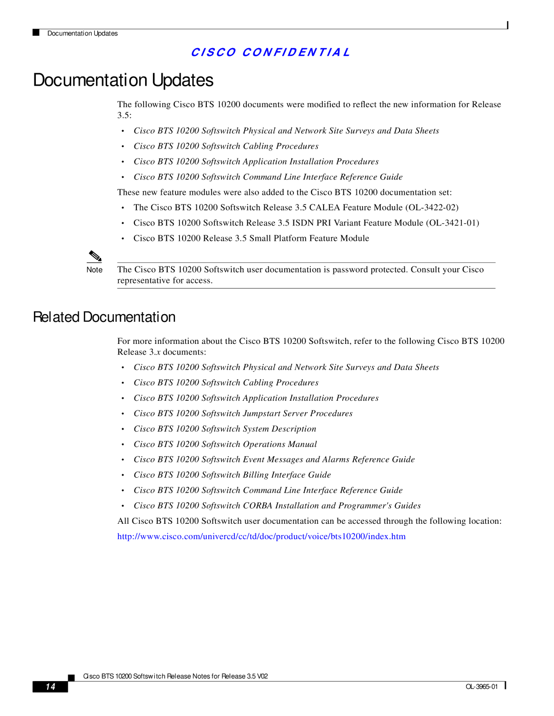 Cisco Systems BTS 10200 manual Documentation Updates, Related Documentation 