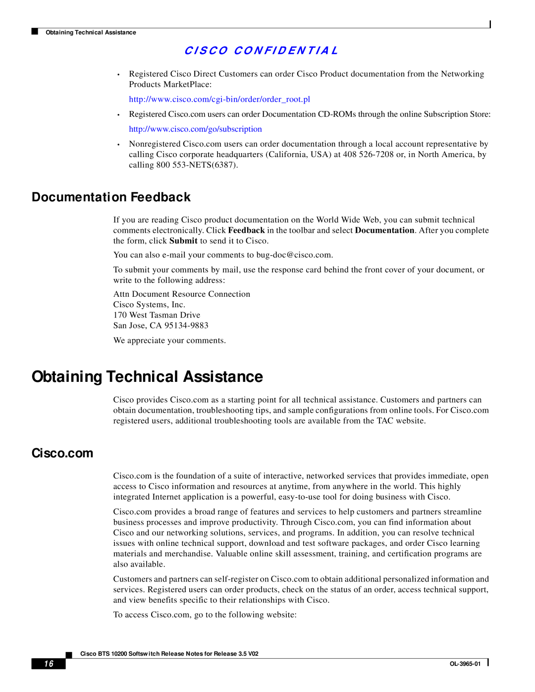 Cisco Systems BTS 10200 manual Obtaining Technical Assistance, Documentation Feedback, Cisco.com 