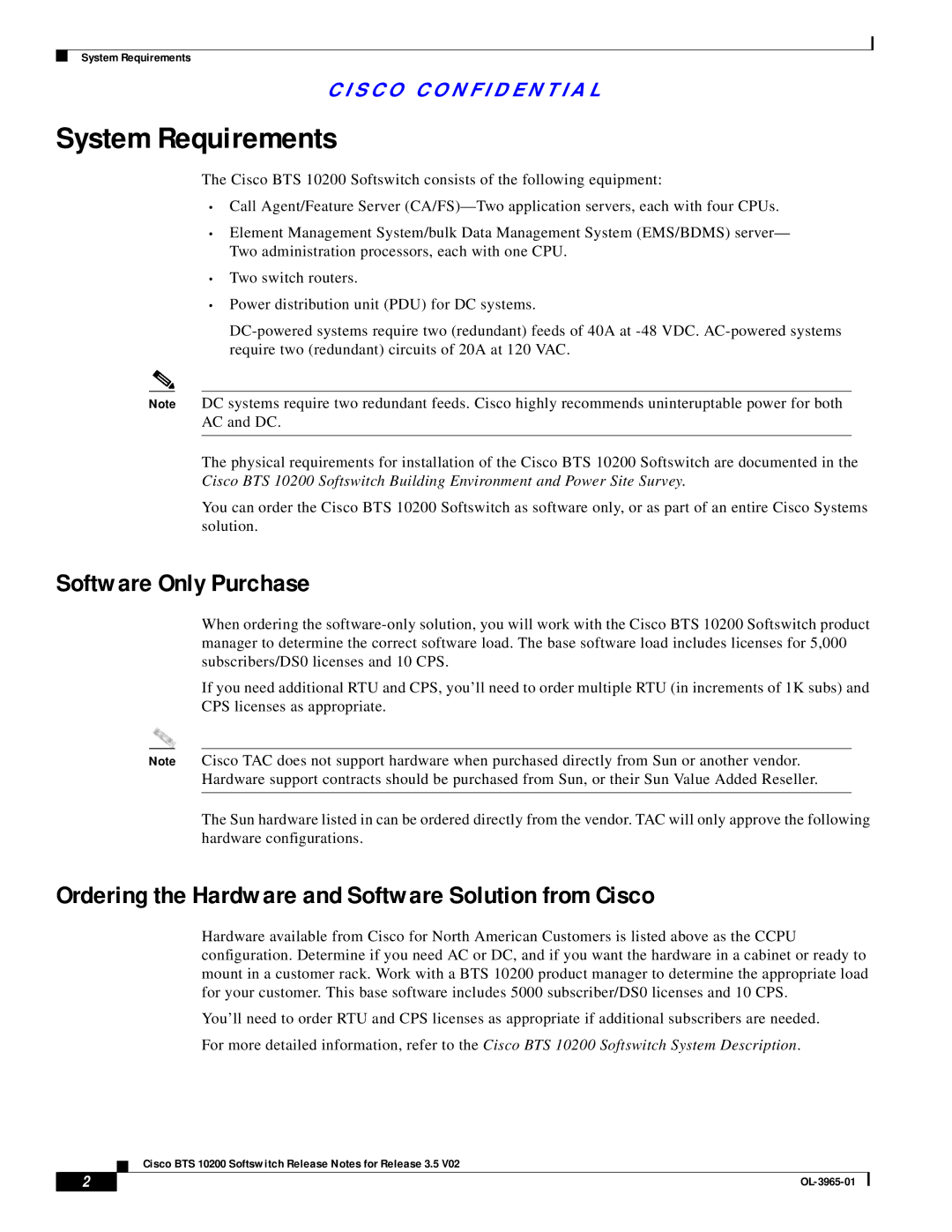 Cisco Systems BTS 10200 manual System Requirements, Software Only Purchase 