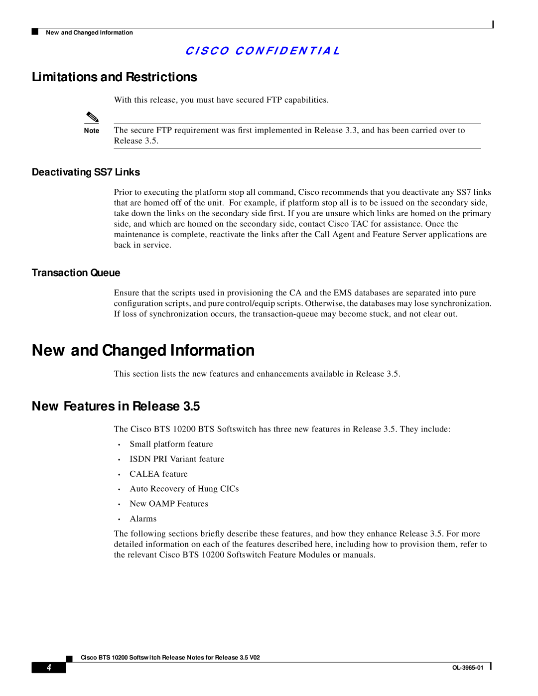 Cisco Systems BTS 10200 manual New and Changed Information, Limitations and Restrictions, New Features in Release 