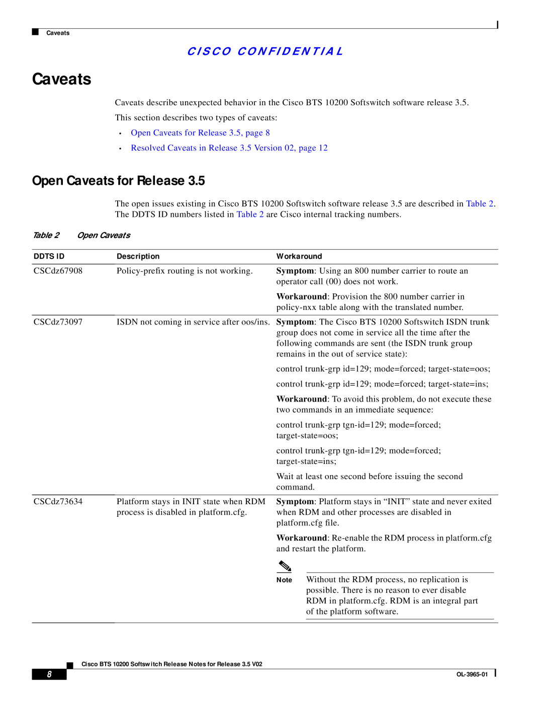 Cisco Systems BTS 10200 manual Open Caveats for Release 