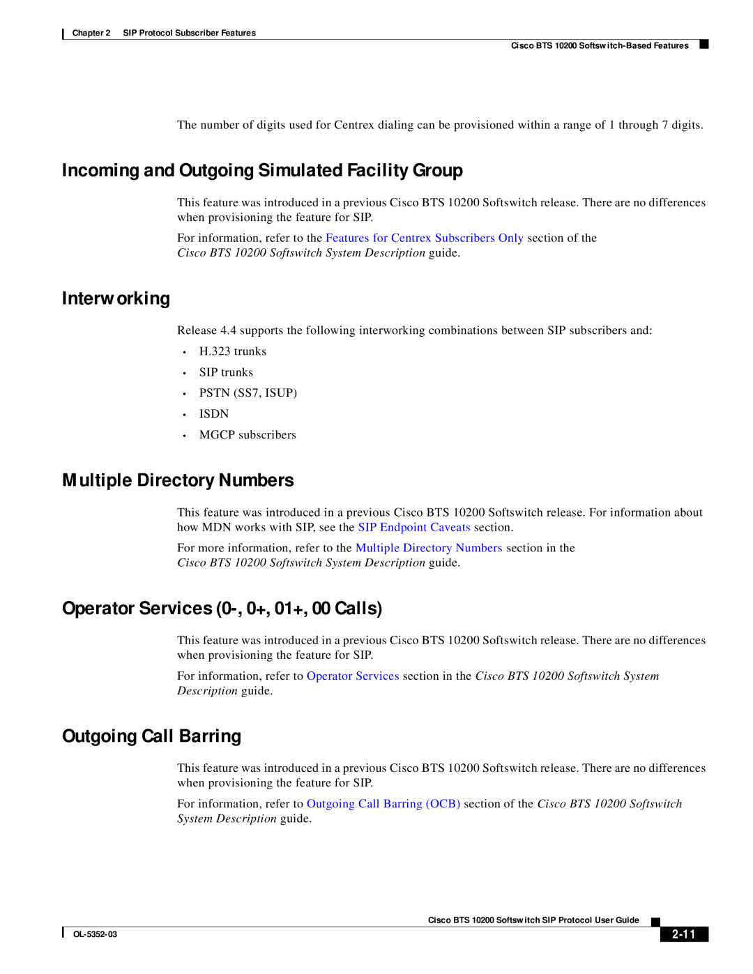 Cisco Systems BTS 10200 manual Incoming and Outgoing Simulated Facility Group, Interworking, Multiple Directory Numbers 